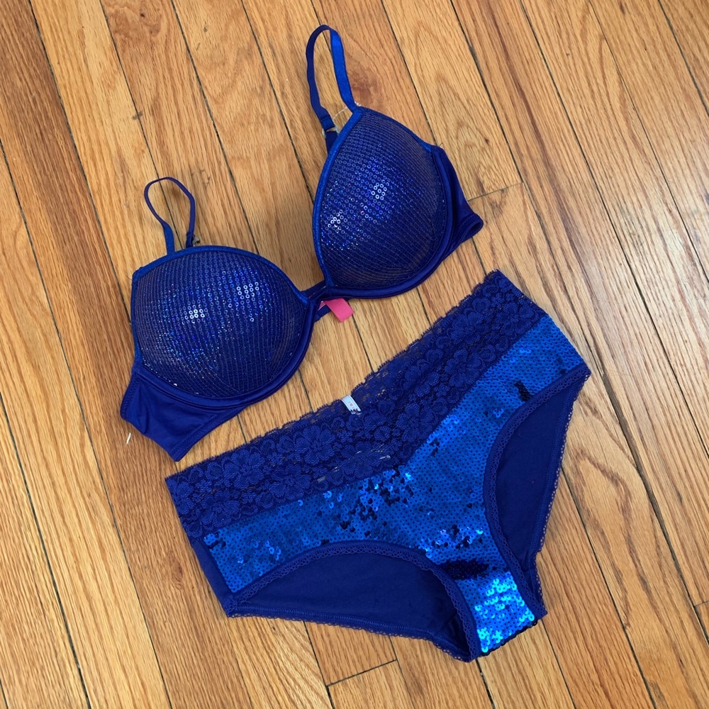 PINK VS blue sequin bra and panty set